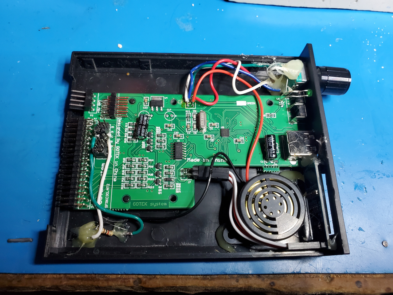 Top view of the inside of one of our modified Gotek floppy emulators.
