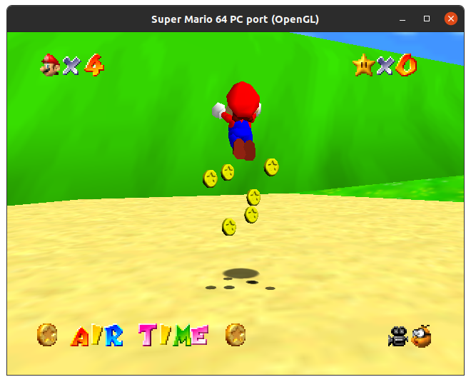 Super Mario completing a triple jump in the beginning area with 'AIR TIME' in colorful letters appearing and coins spawning around him.