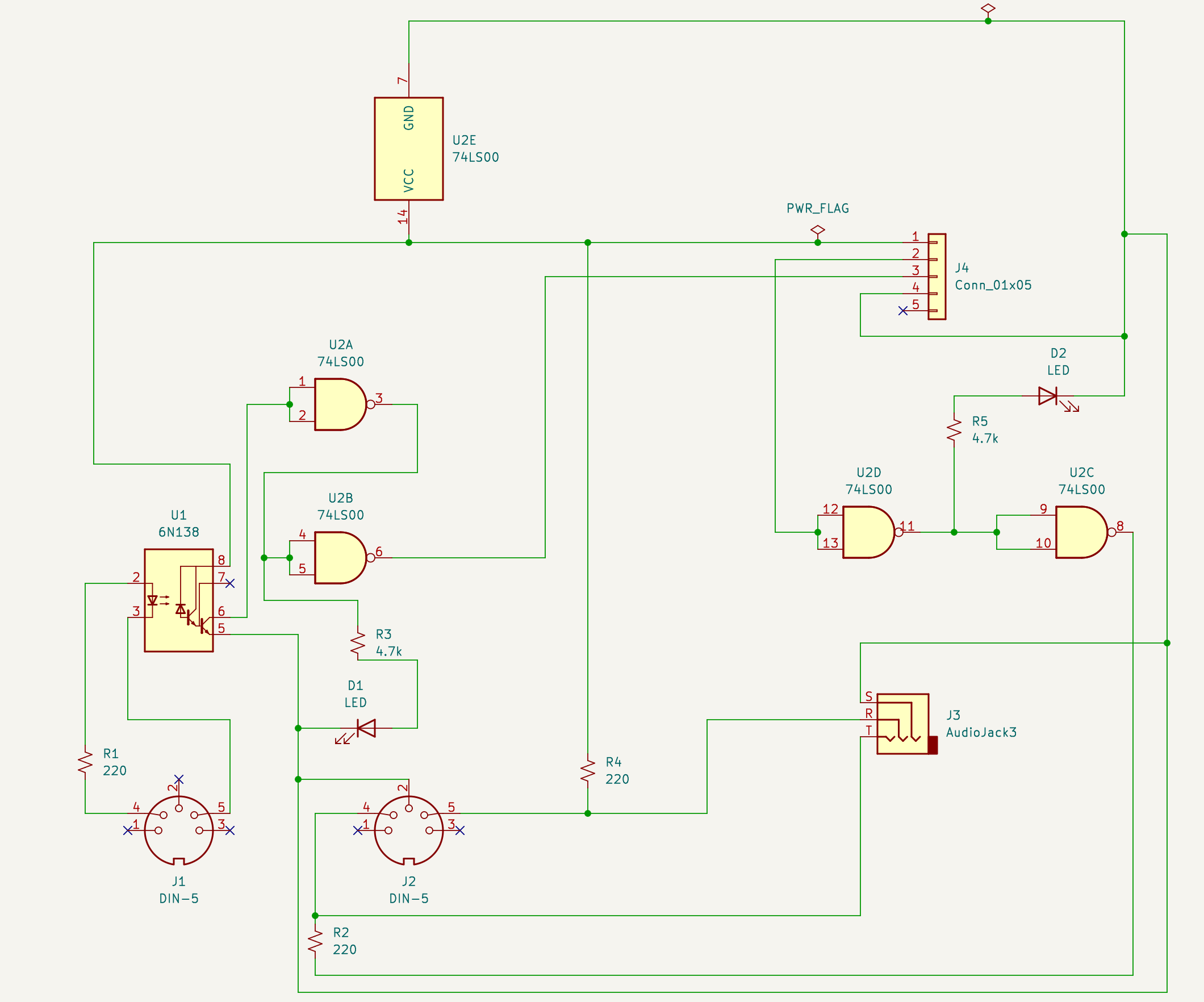 Schematic of the MIDI box circuit. It's a basic MIDI interface circuit.