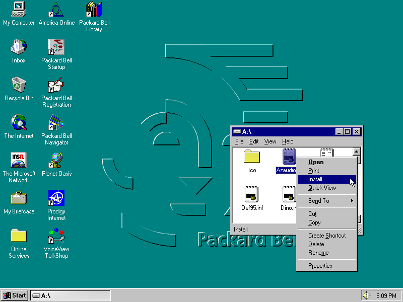 Screenshot of a Windows desktop with a File Explorer window open to the floppy drive, A:. The mouse cursor is hovering over a right-click menu on one of the files with a notepad icon and highlighting the Screenshot of a Windows desktop with a File Explorer window open to the floppy drive, A:. The mouse cursor is hovering over a right-click menu on one of the files with a notepad icon and highlighting the