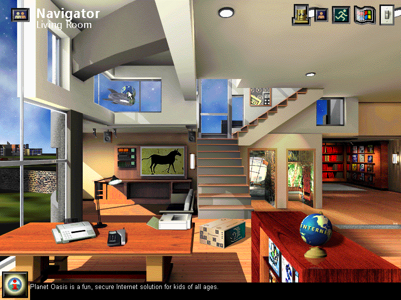 Orthogonal view of a virtual living room, with bookshelves and very modern architecture. Outside is impossibly blue and green and there are angles and curves everywhere. The furniture is wood grain, but you can tell it's made of engineered lumber.