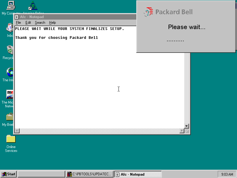 Teal Windows desktop with a Notepad window thanking you for choosing Packard Bell and a gray Teal Windows desktop with a Notepad window thanking you for choosing Packard Bell and a gray