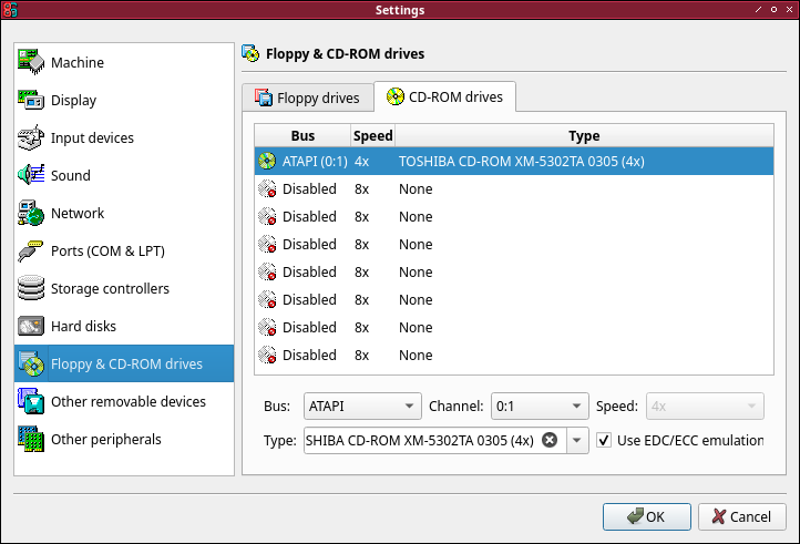 Screenshot of the 86Box CD-ROM settings window on the machine tab, with the described options set.