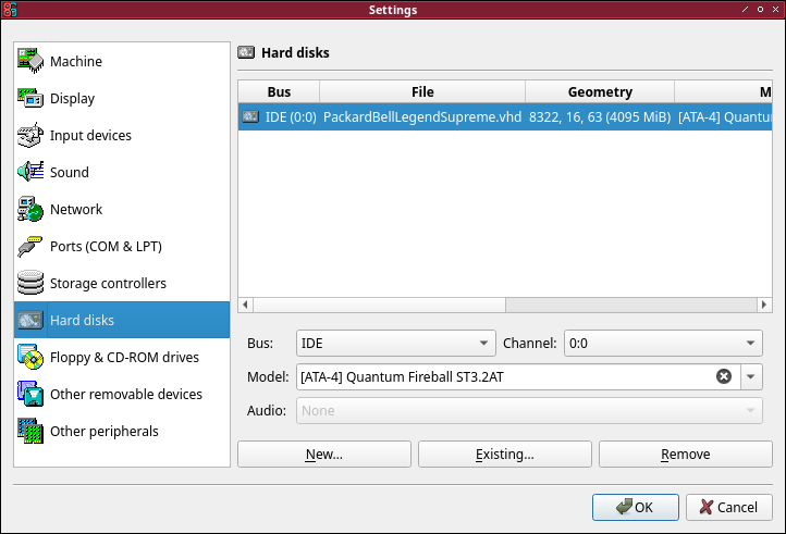Screenshot of the 86Box hard disk settings window on the machine tab, with the described options set.