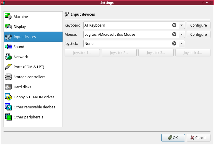 Screenshot of the 86Box input settings window on the machine tab, with the described options set.