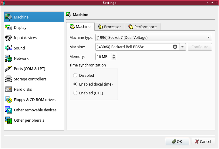 Screenshot of the 86Box machine settings window on the machine tab, with the described options set.