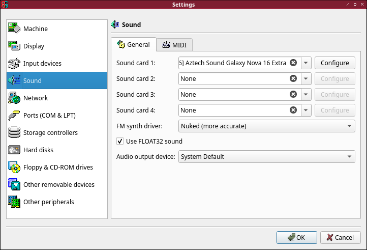 Screenshot of the 86Box sound settings window on the machine tab, with the described options set.