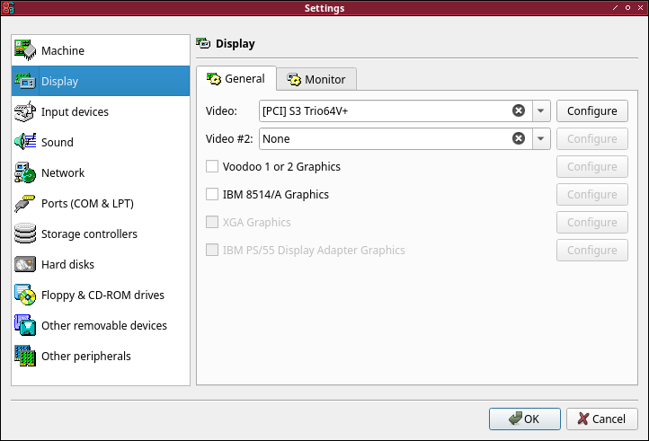 Screenshot of the 86Box video settings window on the machine tab, with the described options set.