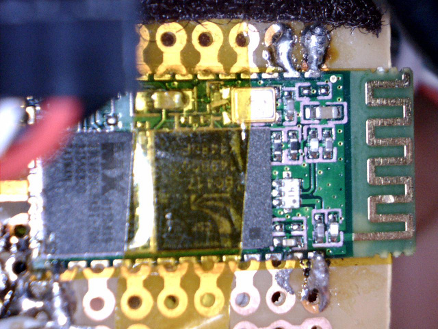 Inside PSUBot (Closeup of the Bluetooth module soldered to perfboard.