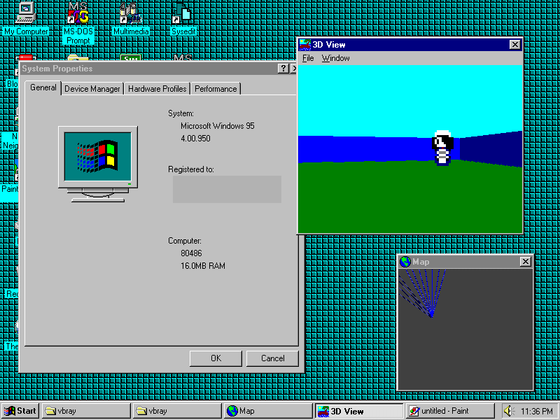 Screenshot of the Raycaster running on a Windows 95 desktop with a 